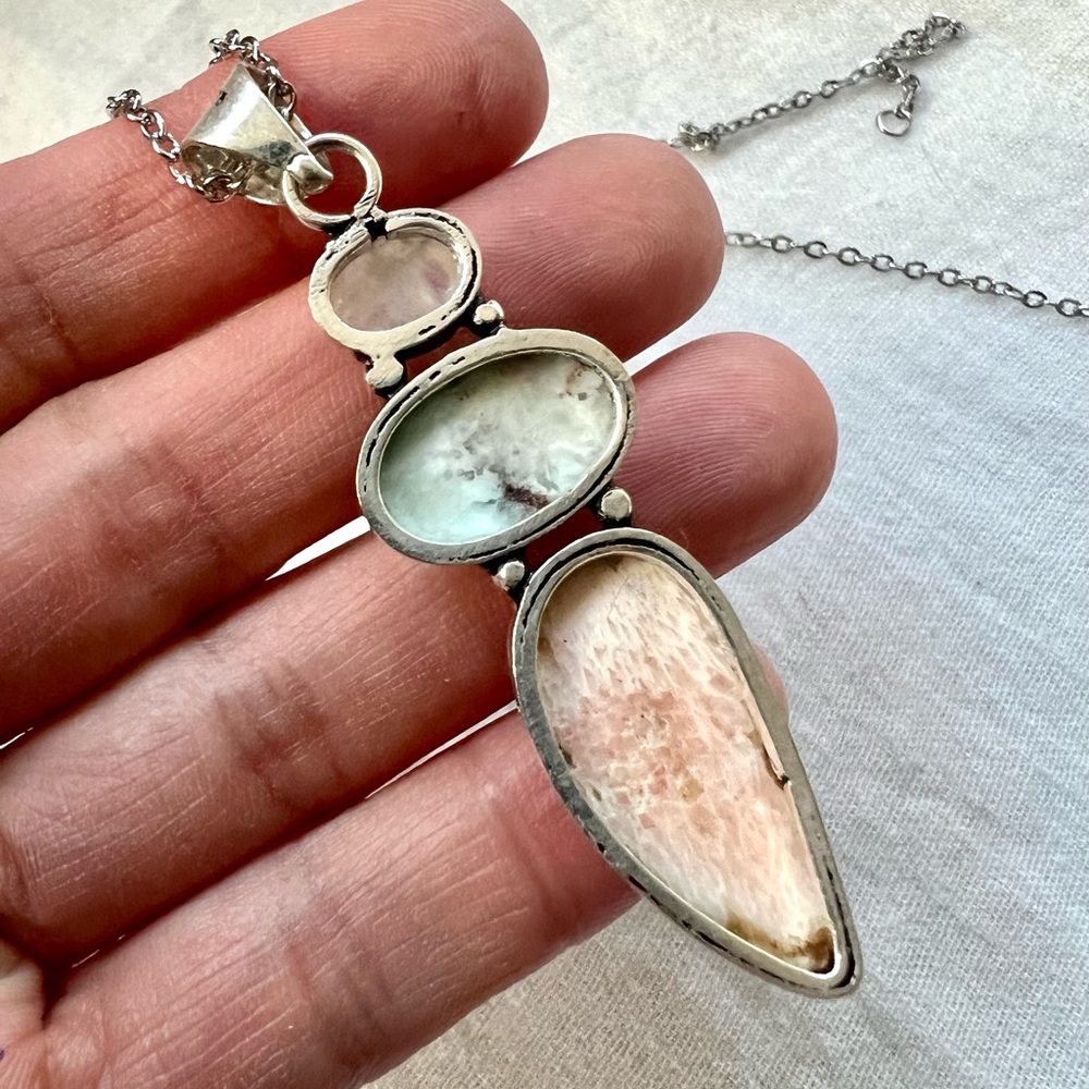 925 OMG Rainbow Flash Moonstone + Larimar + Scolecite! Pendant Necklace - Picture 7 of 8